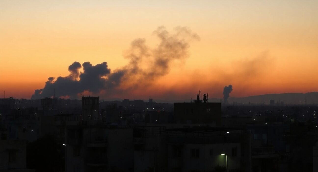Smoke rises over a Middle Eastern city skyline after Israeli airstrikes in Lebanon