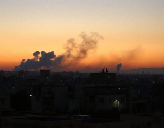 Smoke rises over a Middle Eastern city skyline after Israeli airstrikes in Lebanon