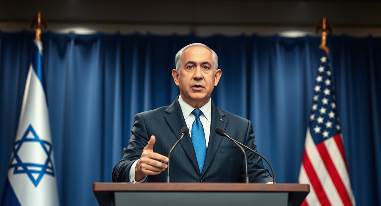 Israeli Prime Minister Netanyahu announces support for Trump's Iran containment policy at press briefing.