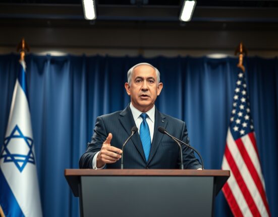 Israeli Prime Minister Netanyahu announces support for Trump's Iran containment policy at press briefing.