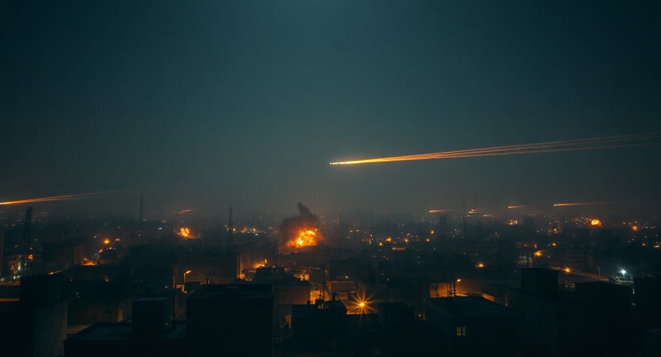 Night skyline with explosions from Israeli airstrikes on military targets in Iran