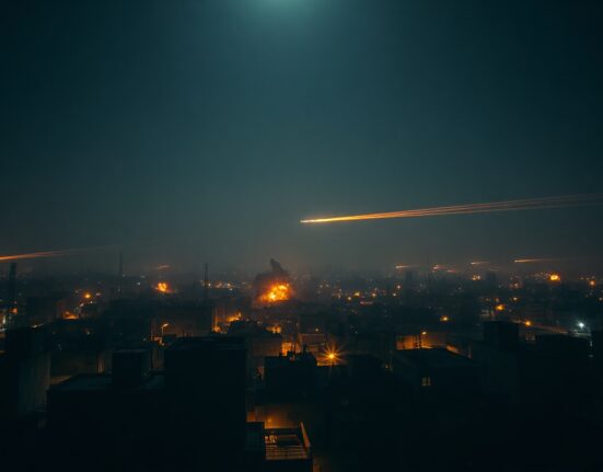 Night skyline with explosions from Israeli airstrikes on military targets in Iran