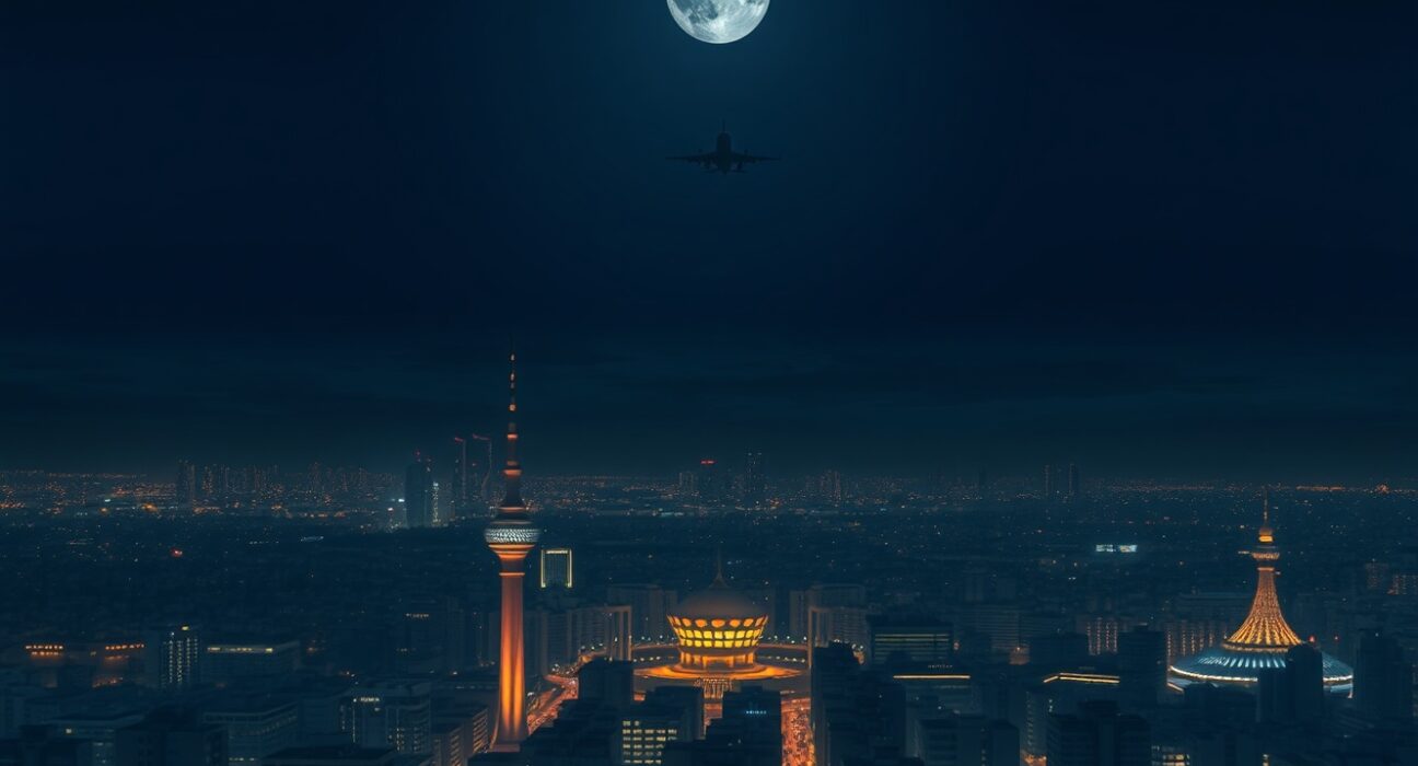 Israeli airstrike on Tehran showing military aircraft over the city skyline during tense nighttime operations.