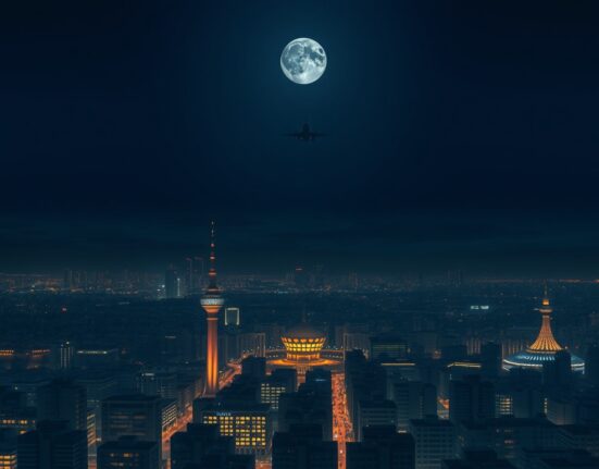 Israeli airstrike on Tehran showing military aircraft over the city skyline during tense nighttime operations.