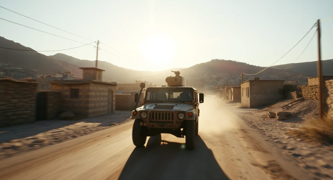 Military vehicle departing from a village in southern Lebanon during Israeli withdrawal