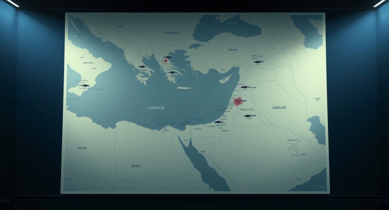 Strategic map analysis of Israeli military strikes targeting Iran and Lebanon.