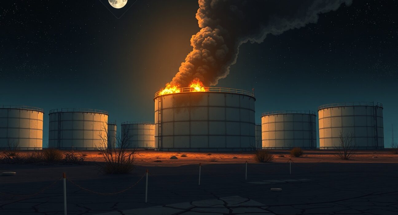Damaged fuel storage tank emitting smoke after Israeli strikes, illustrating the ecocide accusation.