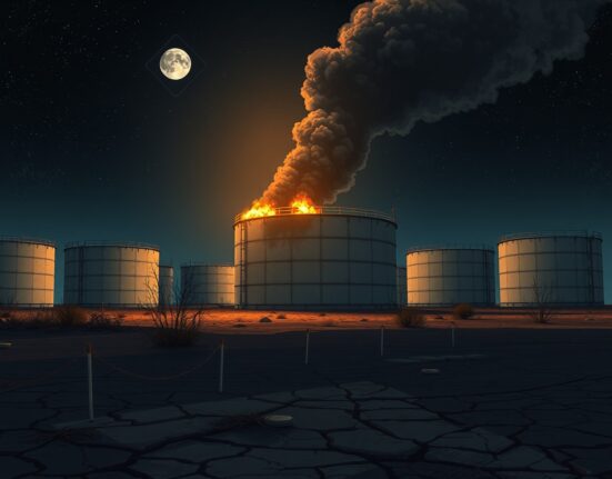 Damaged fuel storage tank emitting smoke after Israeli strikes, illustrating the ecocide accusation.