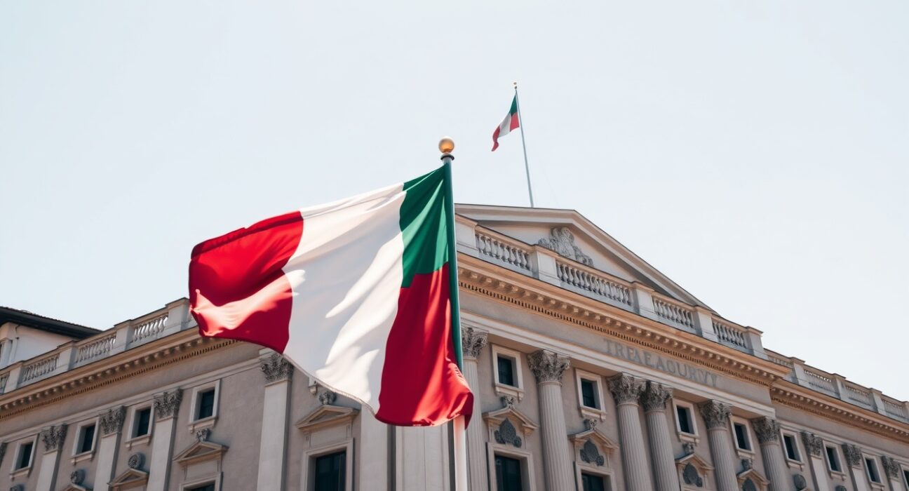 Italian Treasury building in Rome with flag, symbol of sovereign bond auction.