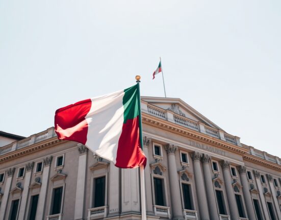 Italian Treasury building in Rome with flag, symbol of sovereign bond auction.