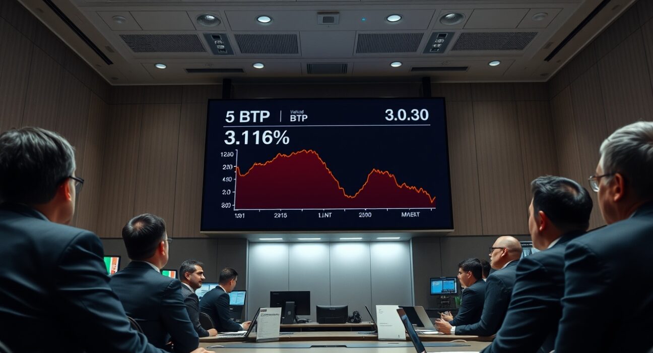 Italian government bond auction trading floor with a digital screen showing a decline in the 5-year BTP yield.