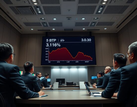 Italian government bond auction trading floor with a digital screen showing a decline in the 5-year BTP yield.