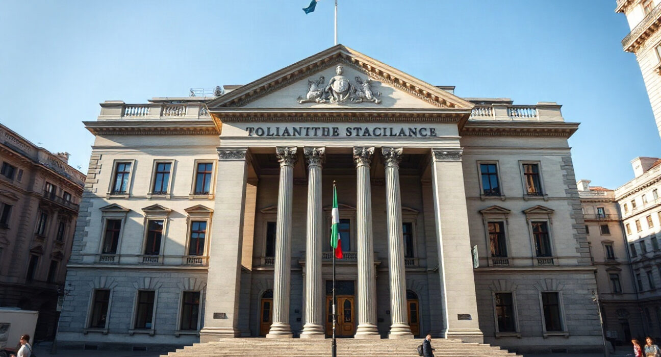 Milan's stock exchange building on a clear day, reflecting Italy's economic sentiment.