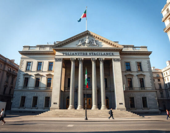 Milan's stock exchange building on a clear day, reflecting Italy's economic sentiment.