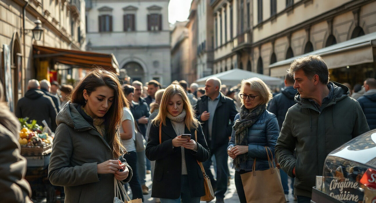 Shoppers at an Italian market reflecting cautious consumer sentiment as confidence dips.