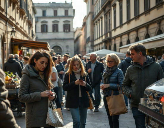 Shoppers at an Italian market reflecting cautious consumer sentiment as confidence dips.