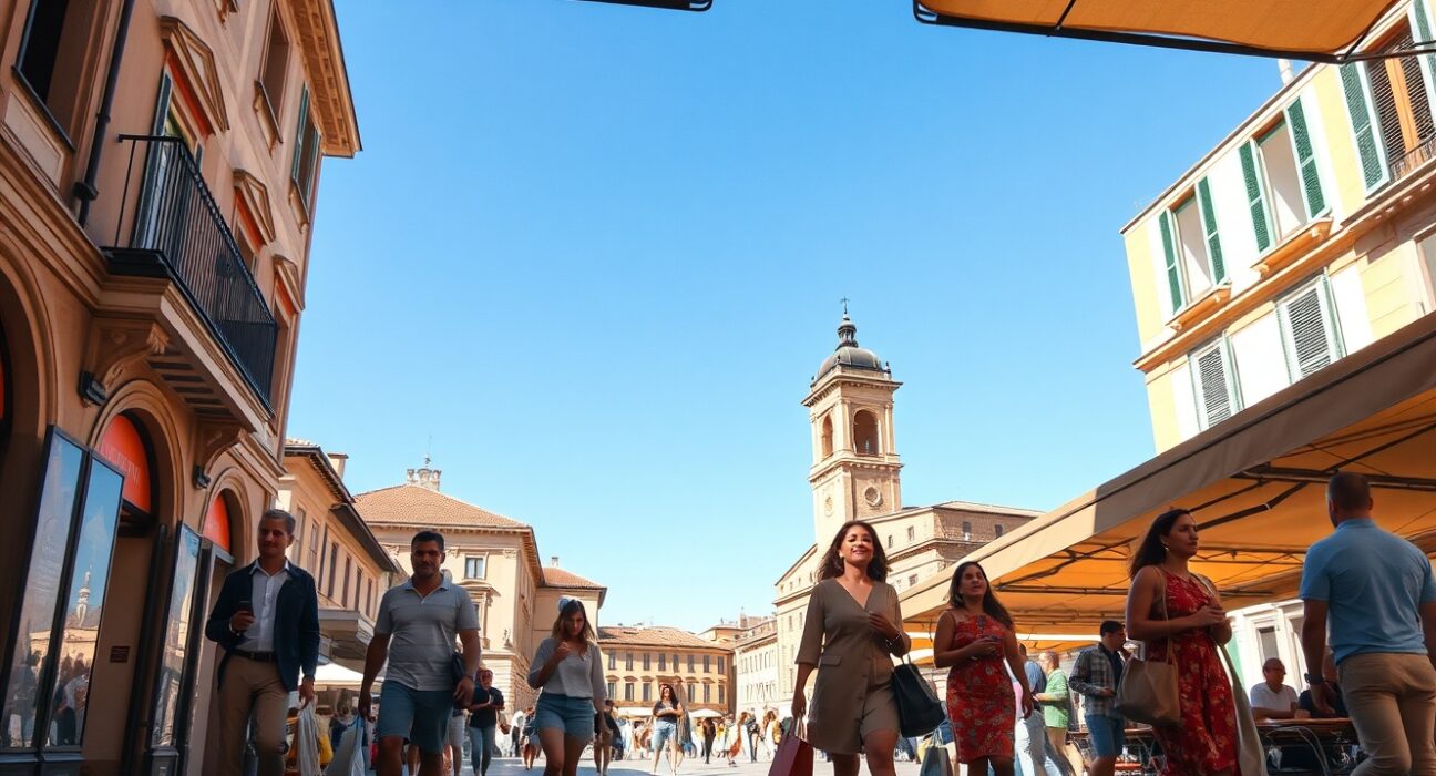 Italian shoppers in a sunlit piazza, reflecting improved consumer sentiment in July.