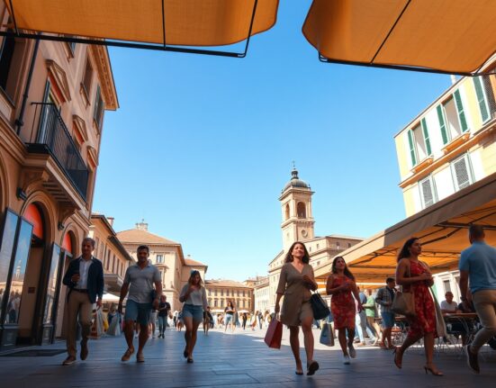 Italian shoppers in a sunlit piazza, reflecting improved consumer sentiment in July.