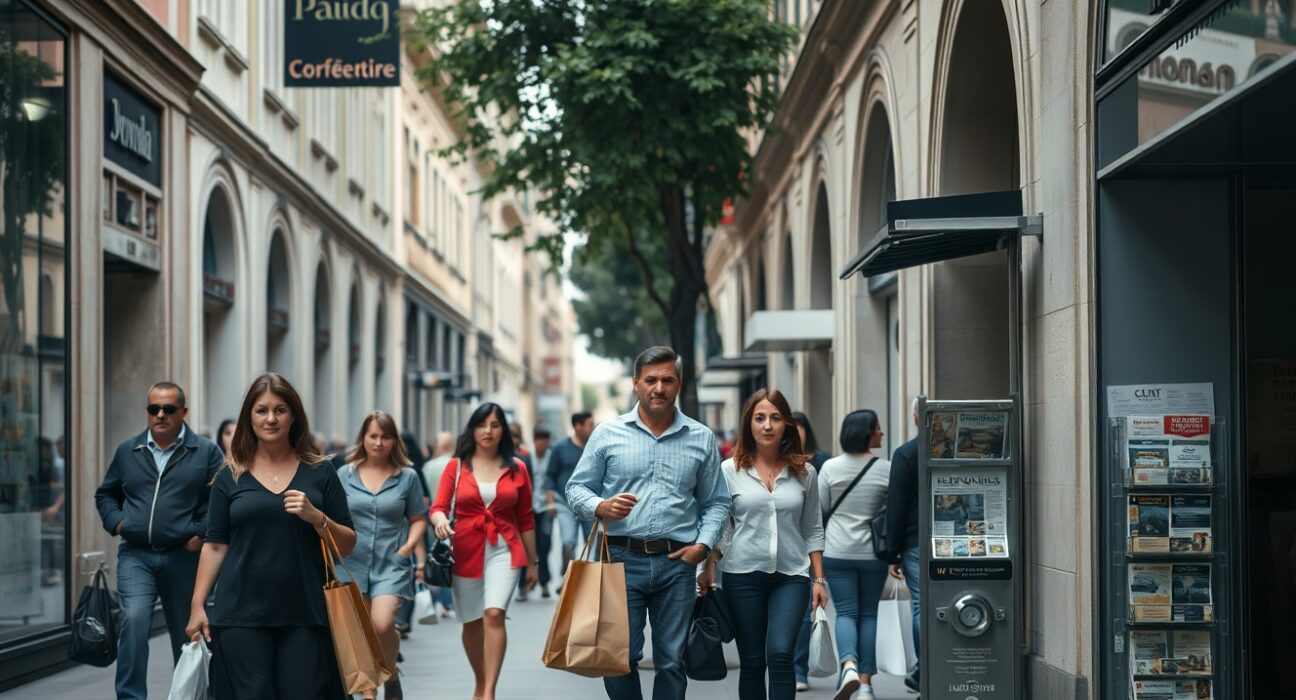 Shoppers on a street in an Italian city on a cloudy June day, reflecting subdued consumer sentiment