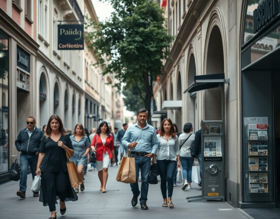 Shoppers on a street in an Italian city on a cloudy June day, reflecting subdued consumer sentiment