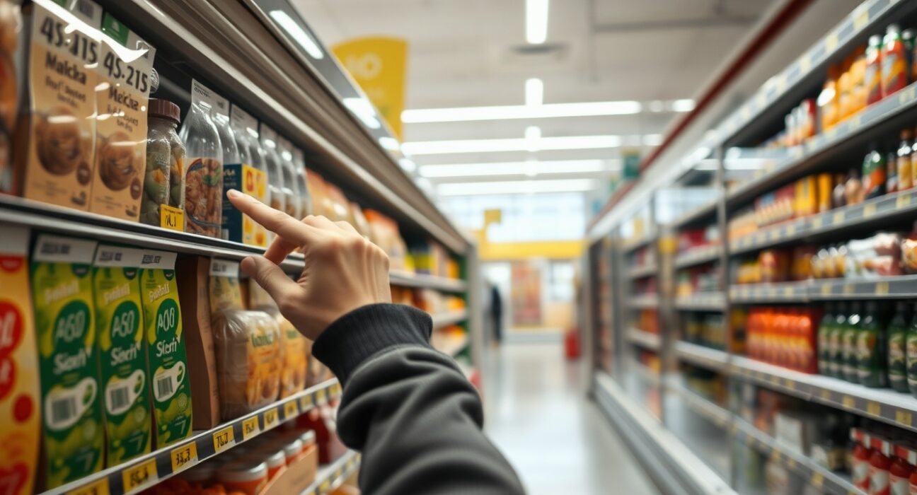 Shopper looking at price tags in an Italian supermarket, representing flat consumer price index data.