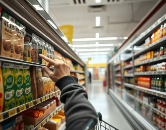 Shopper looking at price tags in an Italian supermarket, representing flat consumer price index data.