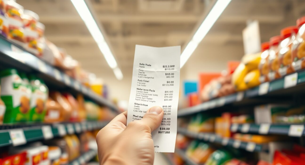 Shopper holding a receipt in an Italian grocery store, representing consumer prices and inflation.