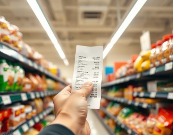 Shopper holding a receipt in an Italian grocery store, representing consumer prices and inflation.