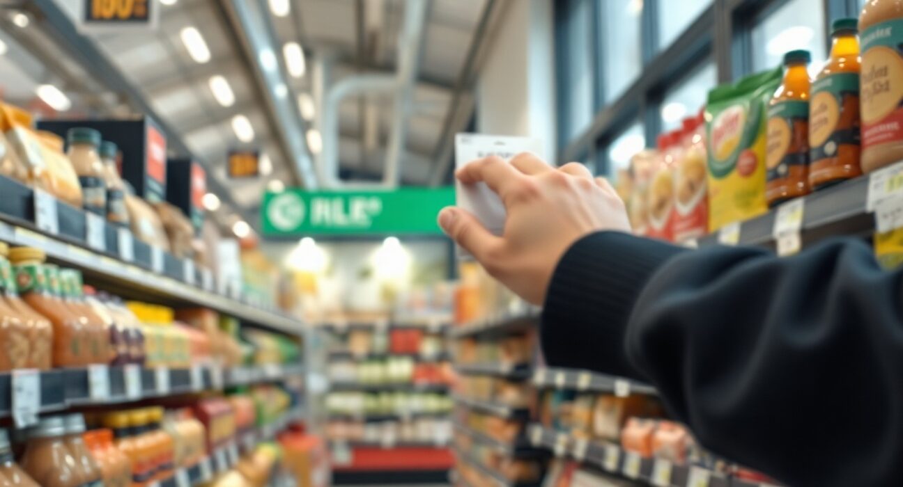 Shopper looking at price tags in an Italian supermarket, representing rising consumer prices and inflation.
