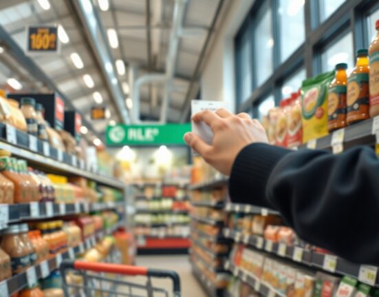 Shopper looking at price tags in an Italian supermarket, representing rising consumer prices and inflation.