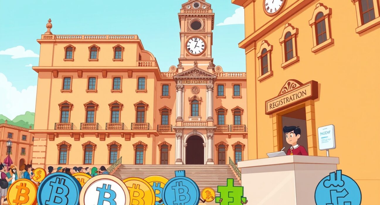 Cartoon of Italy's urgent deadline for crypto firms to register under new EU regulations.