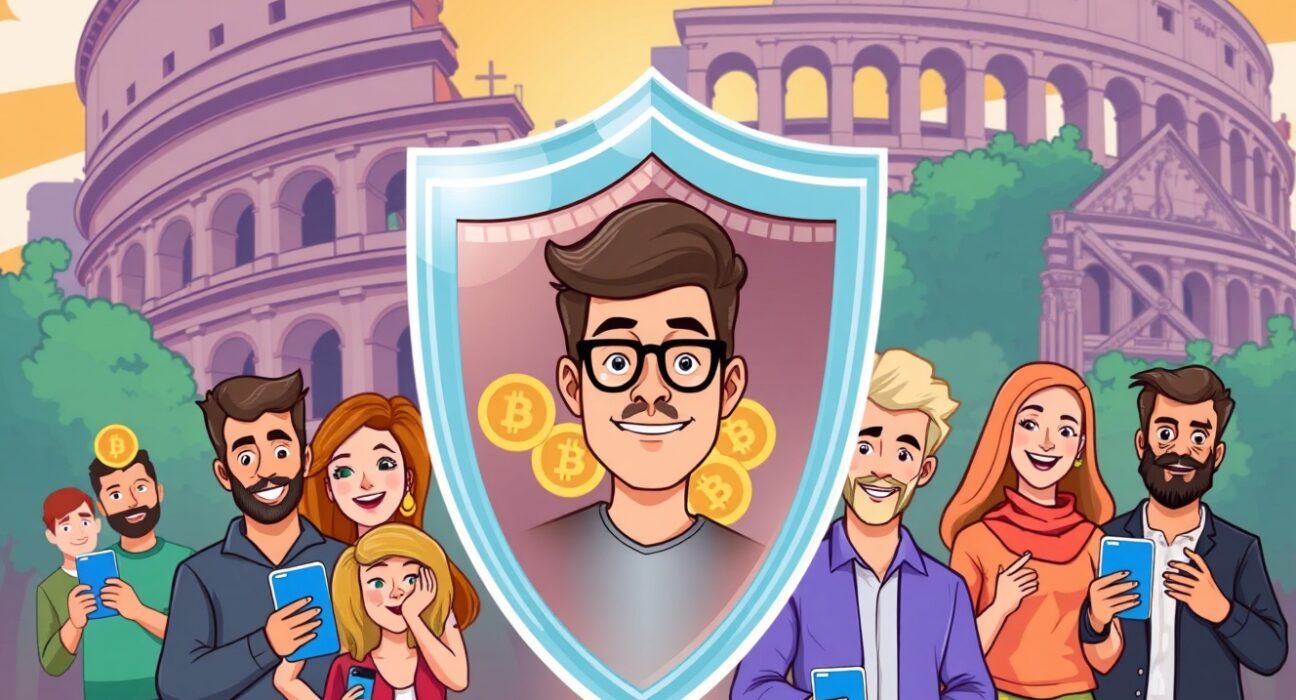 Italy's crypto investor protection measures illustrated as a shield for retail traders.