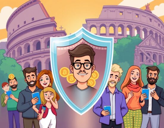 Italy's crypto investor protection measures illustrated as a shield for retail traders.