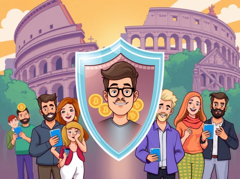 Italy's crypto investor protection measures illustrated as a shield for retail traders.