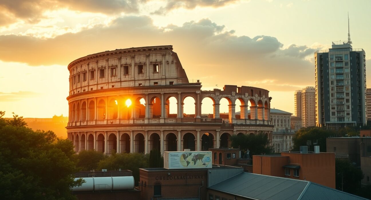 Rome skyline at sunrise with Colosseum and modern buildings representing Italy's economic growth