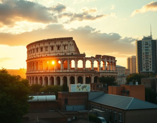 Rome skyline at sunrise with Colosseum and modern buildings representing Italy's economic growth