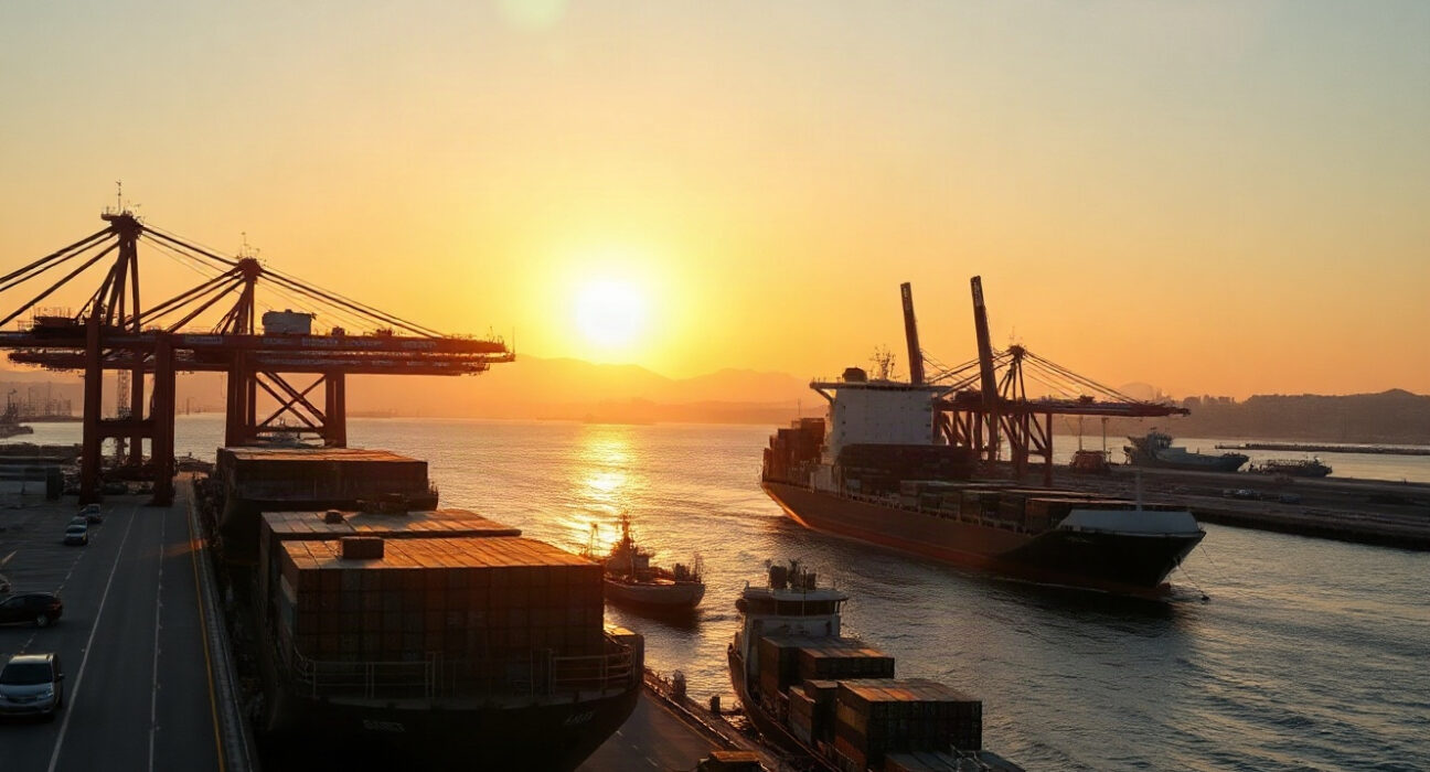Port of Genoa with container ships and cranes, representing Italy's trade and economic activity in Q2.