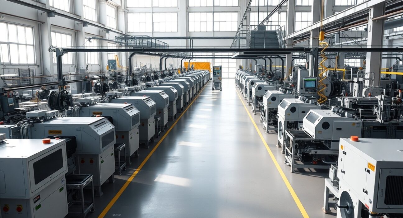 Interior of an Italian industrial factory with machinery and production lines, representing manufacturing output.