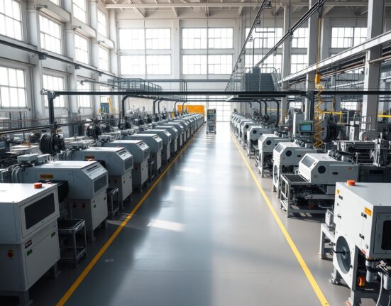 Interior of an Italian industrial factory with machinery and production lines, representing manufacturing output.