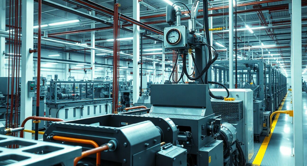 Interior of an Italian manufacturing plant with machinery and production lines, reflecting industrial output changes.