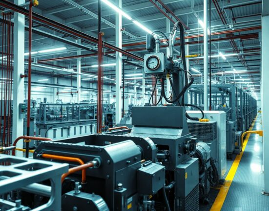 Interior of an Italian manufacturing plant with machinery and production lines, reflecting industrial output changes.