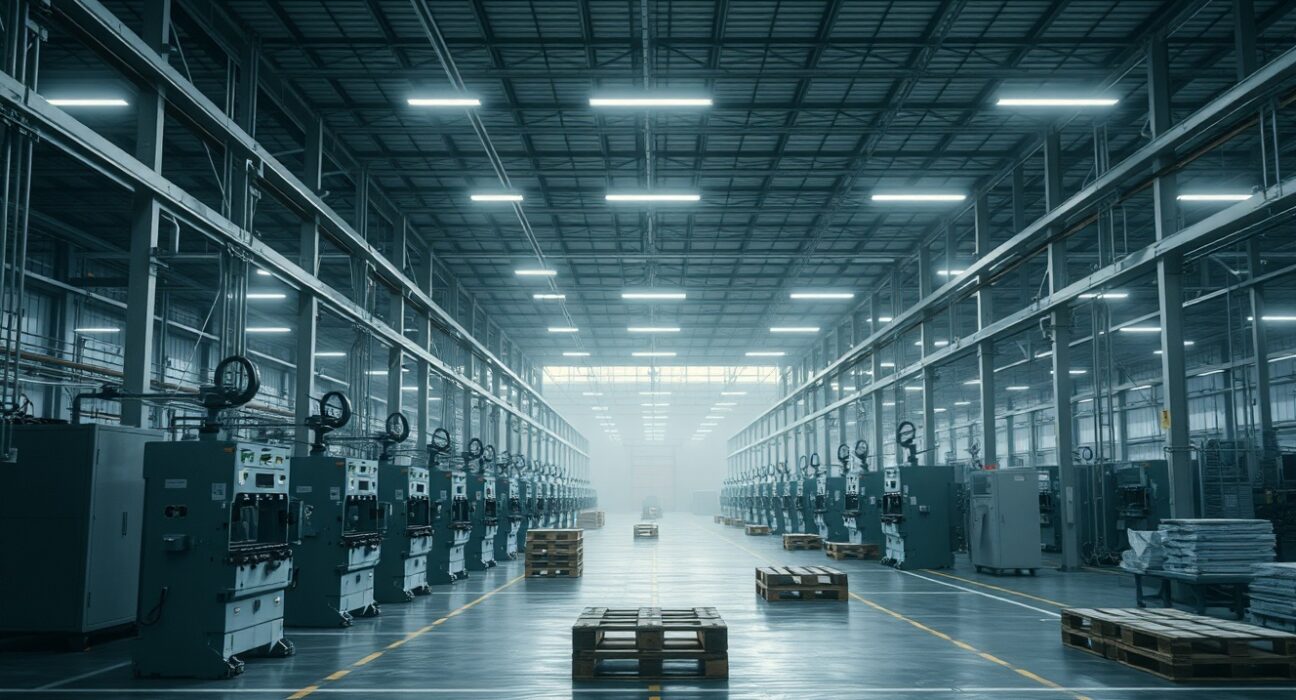 Empty factory floor of an Italian manufacturing plant with idle machinery and dim lighting