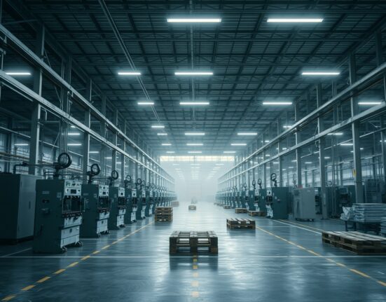 Empty factory floor of an Italian manufacturing plant with idle machinery and dim lighting