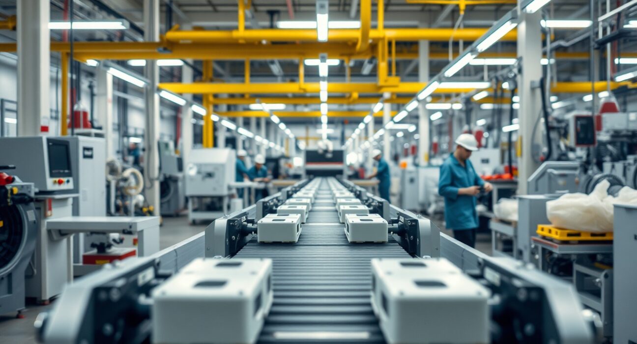 Interior of a modern Italian factory with an industrial production line and machinery.