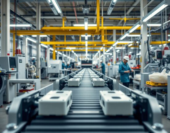 Interior of a modern Italian factory with an industrial production line and machinery.