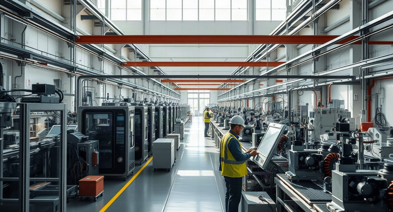 Workers oversee automated machinery inside a modern Italian factory, representing industrial sales trends.
