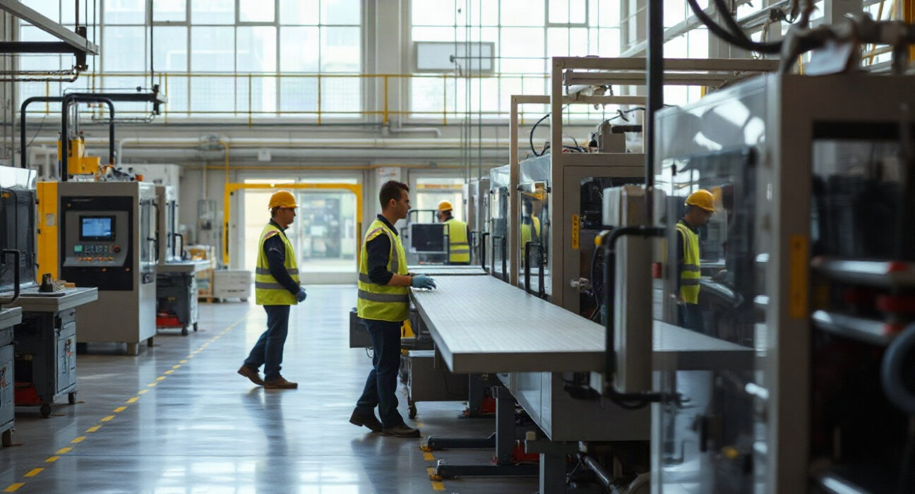 Italian factory production line with workers in safety gear, representing industrial sales data.