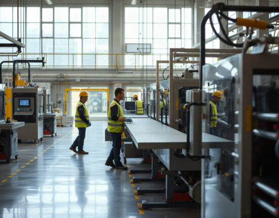 Italian factory production line with workers in safety gear, representing industrial sales data.