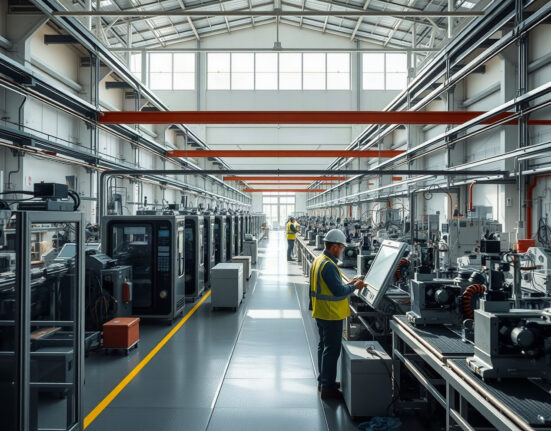 Workers oversee automated machinery inside a modern Italian factory, representing industrial sales trends.