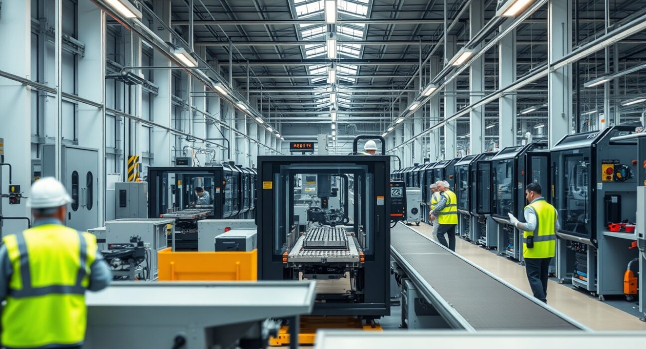 Interior of a modern Italian industrial factory with automated machinery and workers